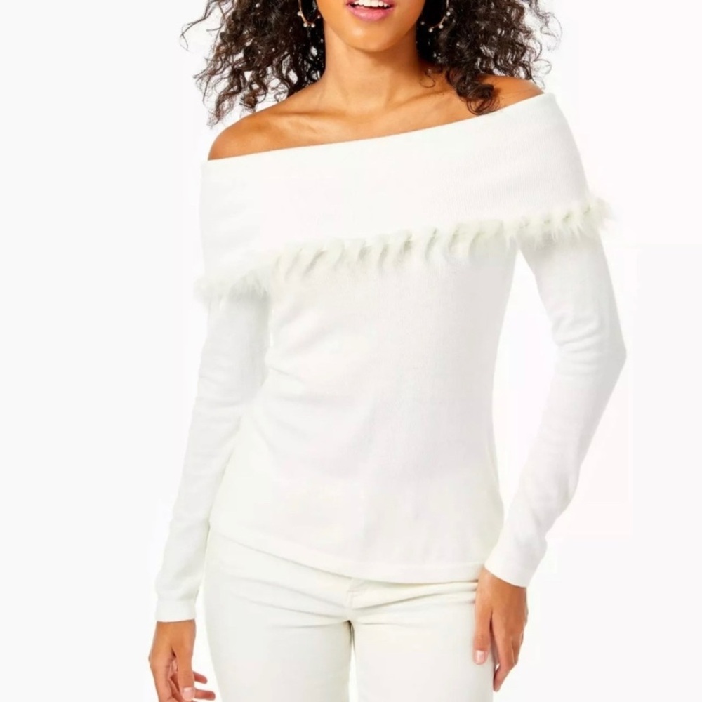 Lilly Pulitzer Alira Off Shoulder‎ Fringe Trim Sweater